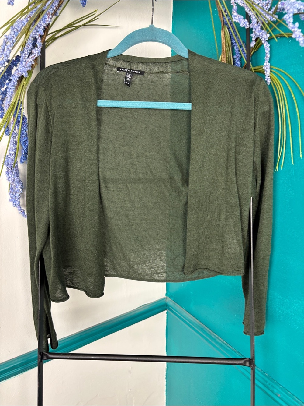 Eileen Fisher Deep Olive Knit Top cropped cardigan